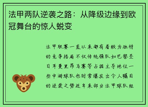 法甲两队逆袭之路：从降级边缘到欧冠舞台的惊人蜕变