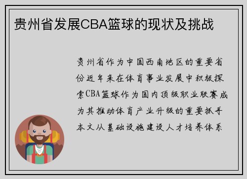 贵州省发展CBA篮球的现状及挑战